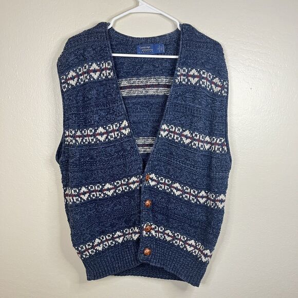 Vintage Sweater Vest Mervyns Cambridge Classics Knit Fair Isle Button Blue Men L - Picture 7 of 7